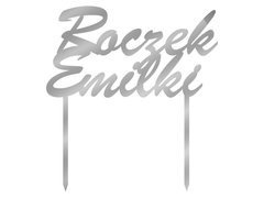 Topper z lustrzanej pleksi srebrny na tort - personalizowany