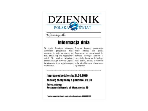 Zaproszenia personalizowane Gazeta na urodziny - 8 szt.