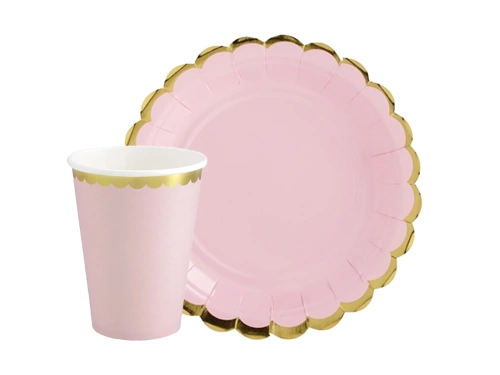 Zestaw kubeczki + talerzyki papierowe w kolorze różowym ze złotem - 24 szt.