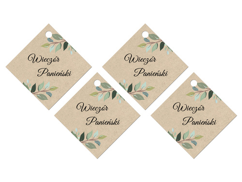 Zawieszki na butelki z wstążeczką na wieczór panieński z zielonymi listkami kraftowe - 12 szt.