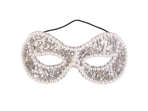 Maska karnawałowa srebrna z perłami i cekinami