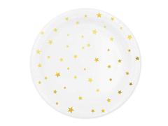 Talerzyki papierowe białe w złote gwiazdki - 23 cm - 6 szt.