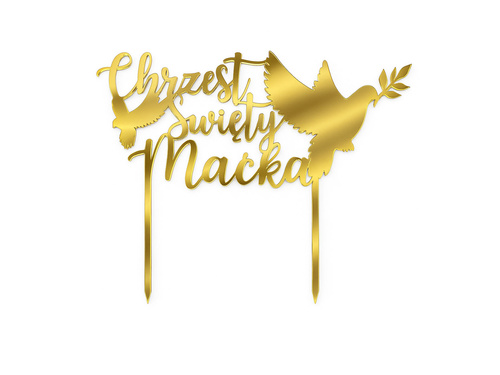 Topper na tort z pleksi złoty personalizowany Chrzest Święty - 1 szt.