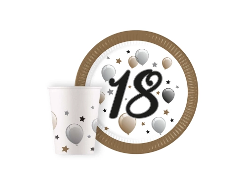 Zestaw kubeczki + talerzyki papierowe na 18-ste urodziny - 16 szt.