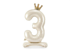 Balon foliowy stojący cyfra 3 kremowa z koroną - 84 cm - 1 szt.