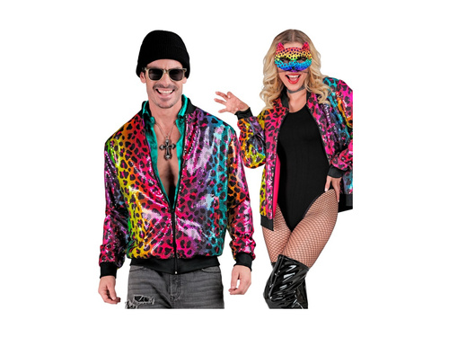 Imprezowa cekinowa kurtka - bomberka - tęczowy motyw panterki