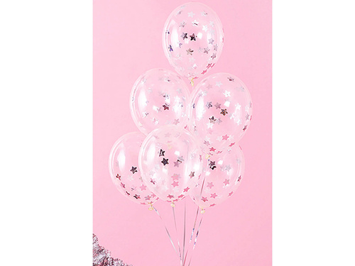 Balony przezroczyste ze srebrnym konfetti Gwiazdki - 30 cm - 6 szt.