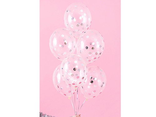 Balony przezroczyste ze srebrnym konfetti Kółka - 30 cm - 6 szt.