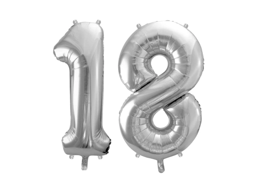 Balony foliowe cyfra 18 srebrne - 86 cm - 2 szt.