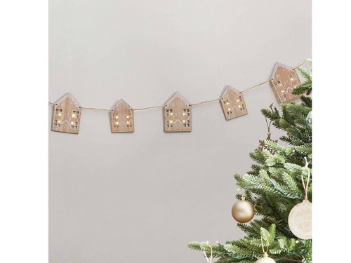 Girlanda drewniana Domki z lampkami LED - 200 cm - 1 szt.
