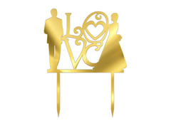 Topper z lustrzanej pleksi złoty na tort Love z Młodą Parą - 16,5 cm