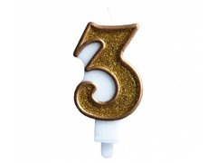 Świeczka cyferka ze złotą obwódką i złotym brokatem - 3 - 1 szt.