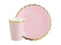 Zestaw kubeczki + talerzyki papierowe w kolorze różowym ze złotem - 24 szt.