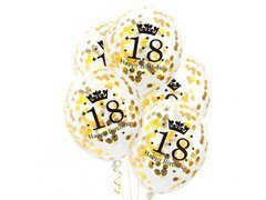 Balony przezroczyste ze złotym konfetti na osiemnastkę - 30 cm - 5 szt