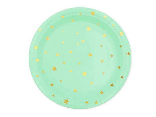 Talerzyki papierowe miętowe w złote gwiazdki - 23 cm - 6 szt.