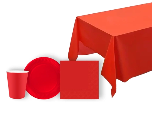 Zestaw obrus + kubeczki + sewretki + talerzyki papierowe czerwone - 45 szt.