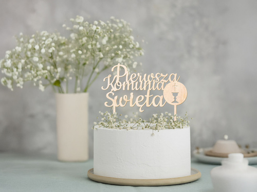 Topper drewniany na tort Pierwsza Komunia Święta - 1 szt.