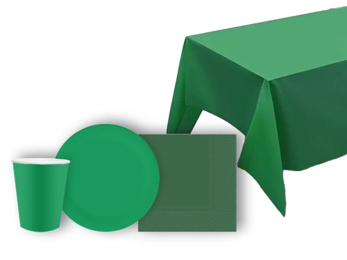 Zestaw obrus + kubeczki +serwetki + talerzyki papierowe zielone - 45 szt.
