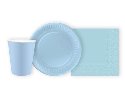 Zestaw kubeczki + serwetki + talerzyki papierowe jasnoniebieskie - 44 szt.
