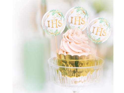 Pikery na tort IHS z zielonymi listkami na I Komunię Świętą - 6 szt.