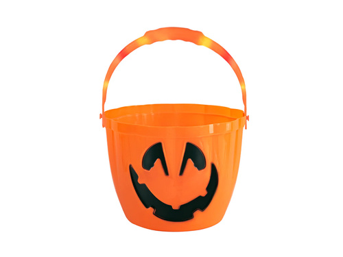 Wiaderko pomarańczowe Dynia z podświetlaną rączką na Halloween - 22,5 x 16 cm - 1 szt.