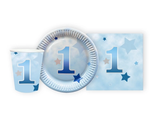 Zestaw kubeczki + serwetki + talerzyki papierowe na roczek Gwiazdki błękitne - 44 szt.