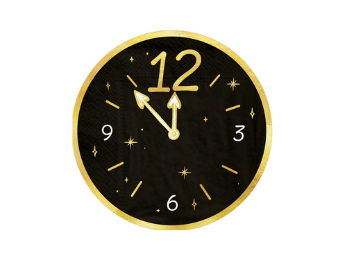 Serwetki sylwestrowe Zegar Happy New Year czarne - 33 cm - 10 szt.