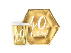 Zestaw kubeczki + talerzyki papierowe na urodziny złote 40th Birthday! - 12 szt.