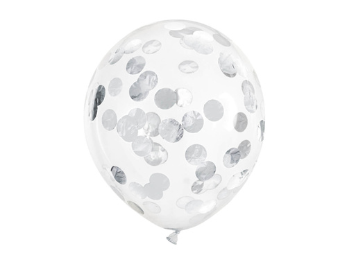 Balony przezroczyste ze srebrnym konfetti Kółka - 30 cm - 6 szt.