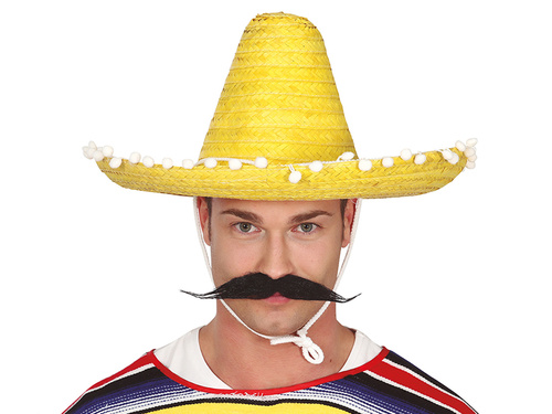 Sombrero meksykańskie żółte z pomponikami - 45 cm - 1 szt.