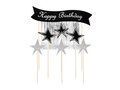 Topper na tort Happy Birthday z pikerami srebrny - 7 szt.