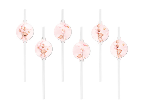 Słomki różowe Misie z balonikami - 6 szt.