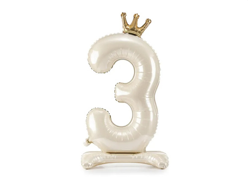 Balon foliowy stojący cyfra 3 kremowa z koroną - 84 cm - 1 szt.