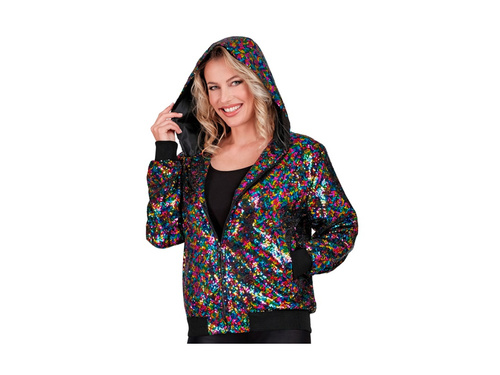 Imprezowa cekinowa kurtka - bomberka z kapturem - multikolor
