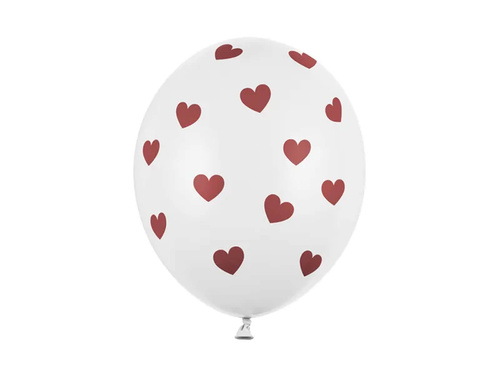 Balony lateksowe białe w czerwone serduszka - 30 cm - 6 szt.