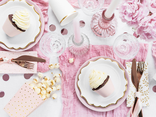 Pudełka na popcorn jasnoróżowe w złote kropki - 6 szt.