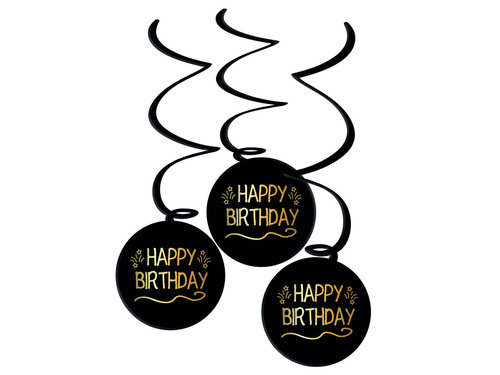 Dekoracja wisząca świderki Happy Birthday czarne - 3 szt.