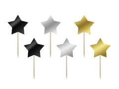 Pikery gwiazdki czarne, złote i srebrne - 7 cm - 6 szt.