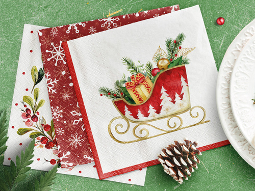 Serwetki bożonarodzeniowe Świąteczne Sanie - 33 cm - 20 szt.