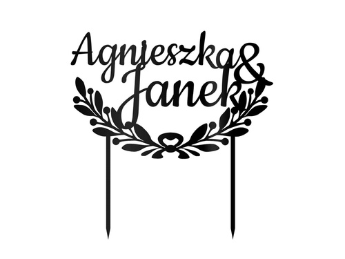 Topper z pleksi czarny na tort personalizowany na wesele - 17 cm