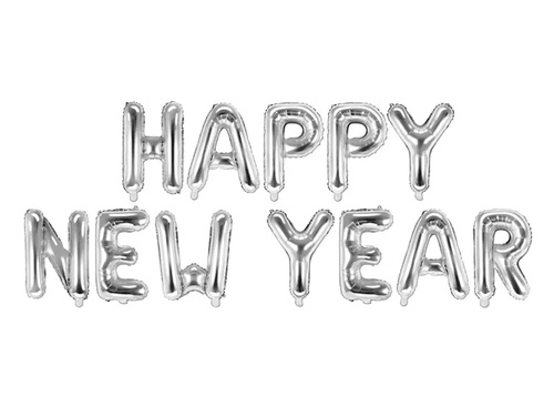 Balony foliowe napis Happy New Year srebrny - 35 cm wysokości