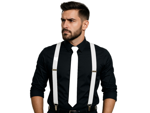 Biały zestaw akcesoriów szelki z długim krawatem - 2 szt.