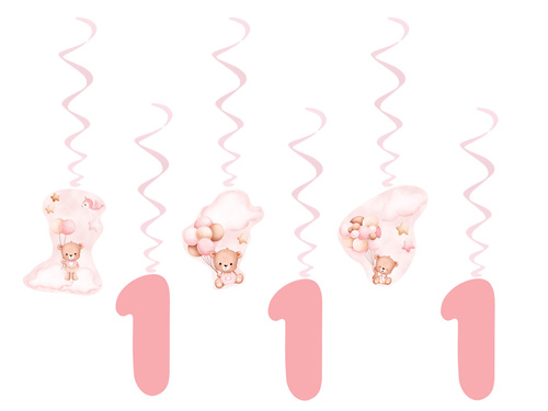 Dekoracja wisząca różowe Misie z balonikami - 6 szt.