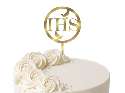 Topper z lustrzanej pleksi złoty na tort IHS I Komunia Święta