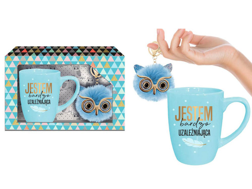 Zestaw na Dzień Kobiet kubek z tekstem Jestem bardzo uzależniająca + brelok sówka