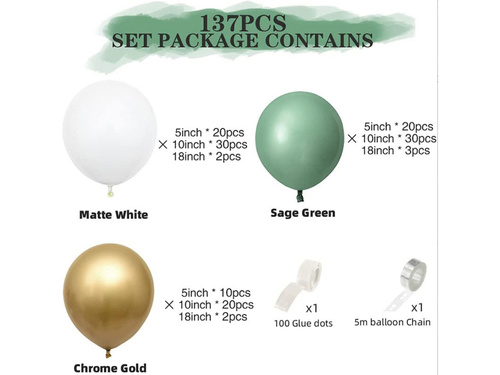 Zestaw balonów do girlandy balonowej zielono-złoty - 139 szt.