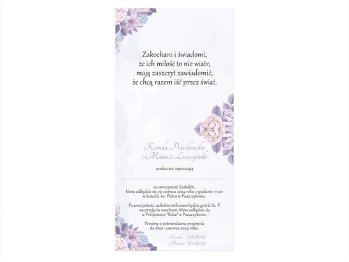 Zaproszenie personalizowane na ślub z kopertą lawendowe - 6 szt.