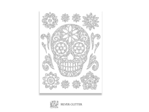 Brokatowe naklejki Czaszka Sugar skull na Halloween - 1 szt.