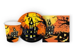 Zestaw kubeczki, serwetki i talerzyki papierowe na Halloween Nawiedzony Dom - 52 szt.