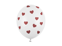Balony lateksowe białe w czerwone serduszka - 30 cm - 6 szt.